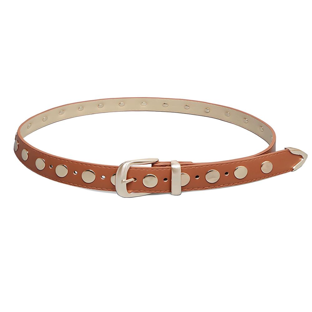 7131 Women Trend Y2k Studded Pu Leather Belt Solid Color Shiny Buckle Waist - Picture 1 of 7